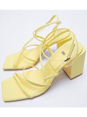 Zara HEELED SQUARE TOE ANKLE STRAP SANDALS. Yellow. Size 6.5. New with Tags.